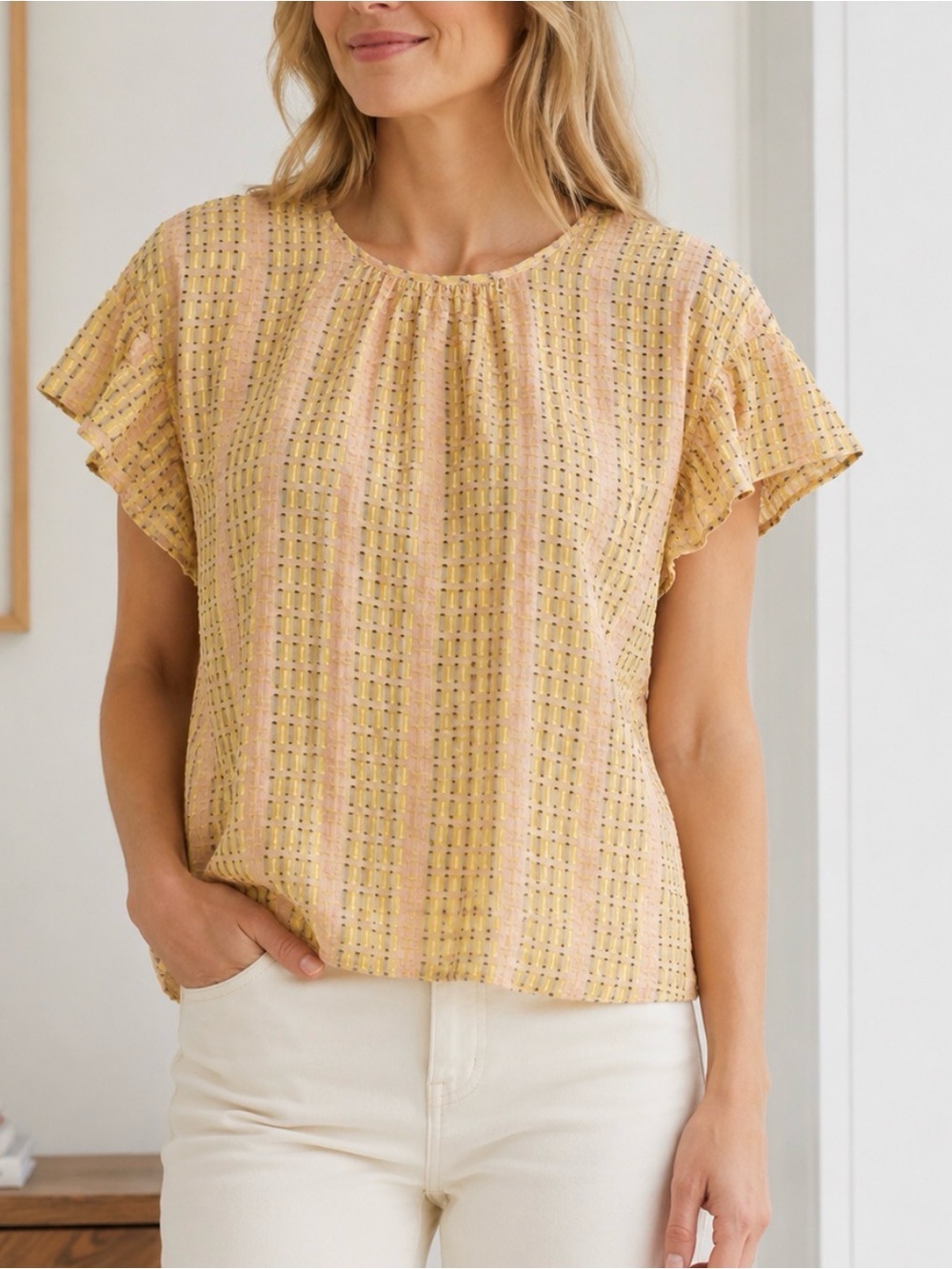 Zac & Rachel 2X sheer Pastel pink-yellow stripe ruffle boho feminine peasant top